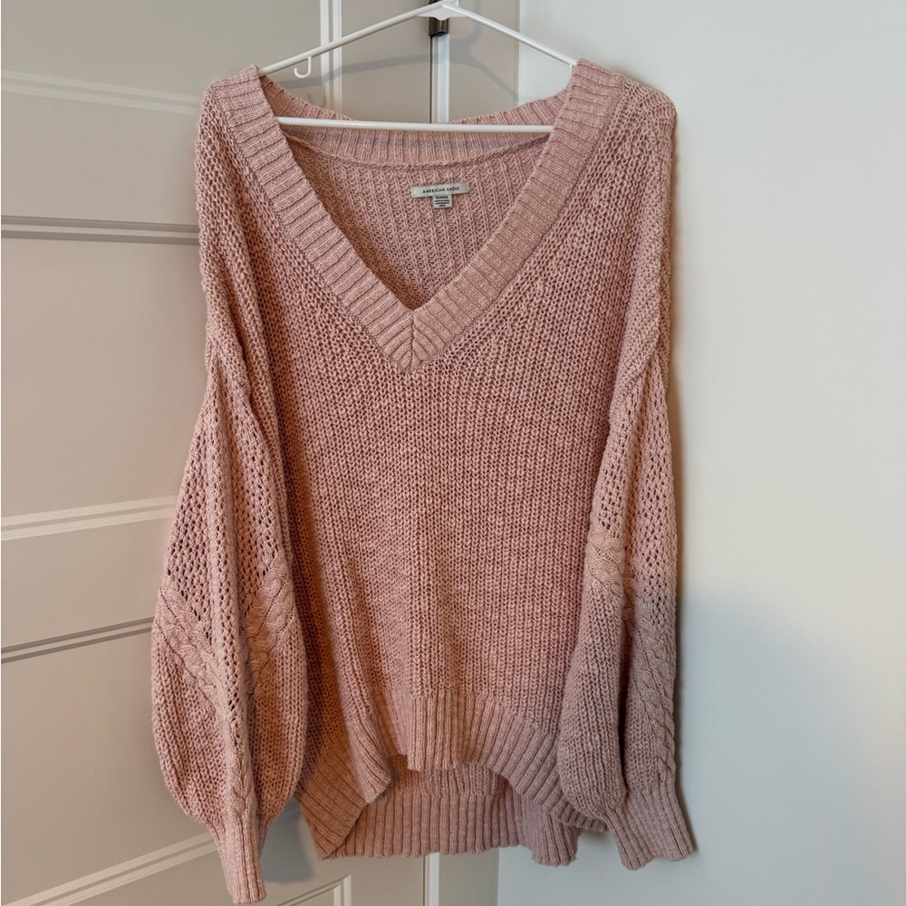 American Eagle Outfitters Blush Pink V-Neck Chunky Knit Sweater